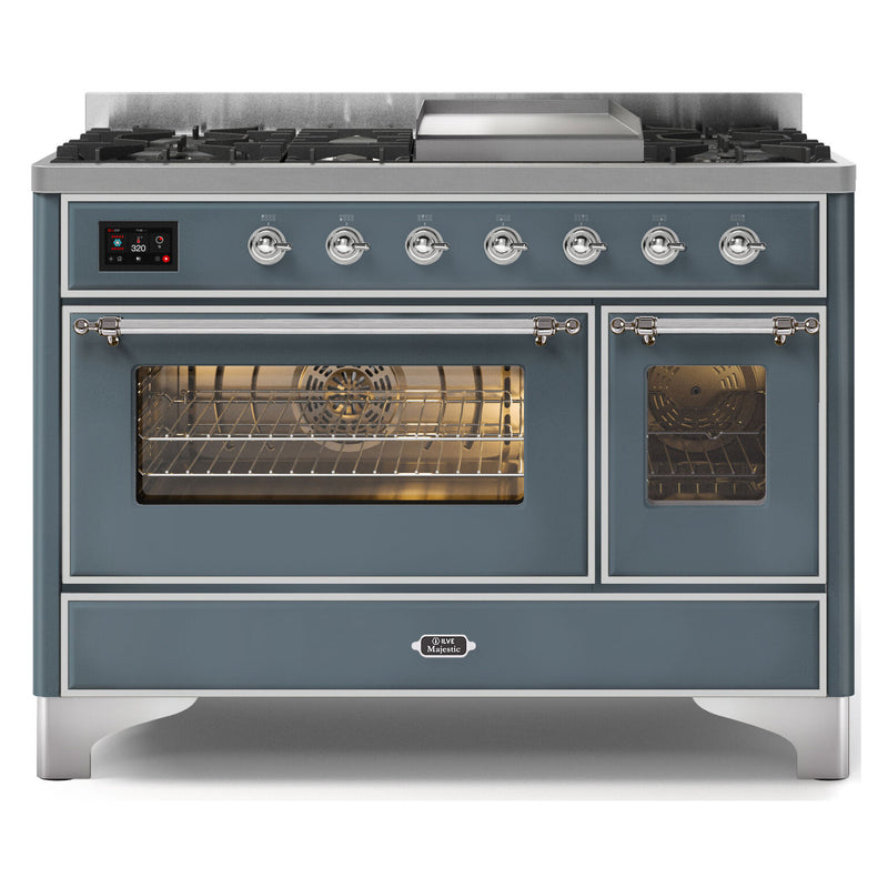 ILVE 48-Inch Majestic II Dual Fuel Range with 8 Sealed Brass Burners and Removable Griddle with 5.62 cu. ft. Oven in in Blue Grey with Chrome Trim (UM12FDNS3BGC)