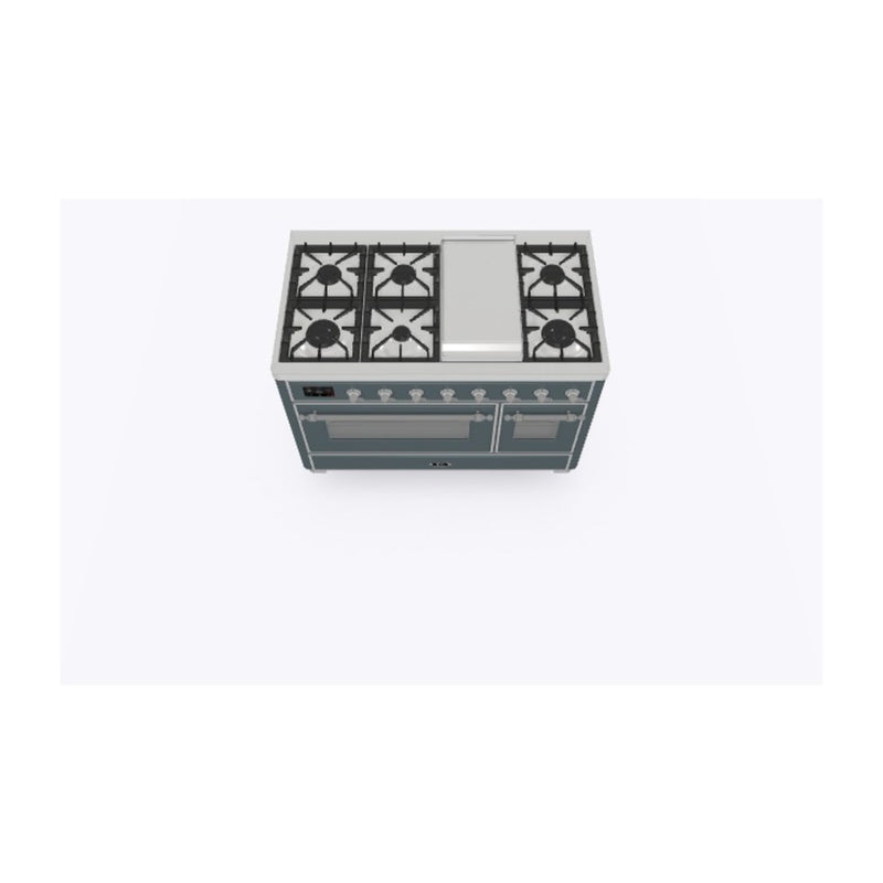 ILVE 48-Inch Majestic II Dual Fuel Range with 8 Sealed Brass Burners and Removable Griddle with 5.62 cu. ft. Oven in in Blue Grey with Chrome Trim (UM12FDNS3BGC)