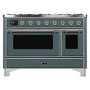 ILVE 48-Inch Majestic II Dual Fuel Range with 8 Sealed Brass Burners and Removable Griddle with 5.62 cu. ft. Oven in in Blue Grey with Chrome Trim (UM12FDNS3BGC)