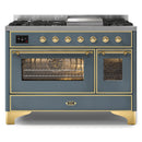ILVE 48-Inch Majestic II Dual Fuel Range with 8 Sealed Brass Burners and Removable Griddle with 5.62 cu. ft. Oven in in Blue Grey with Brass Trim (UM12FDNS3BGG)