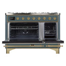 ILVE 48-Inch Majestic II Dual Fuel Range with 8 Sealed Brass Burners and Removable Griddle with 5.62 cu. ft. Oven in in Blue Grey with Brass Trim (UM12FDNS3BGG)