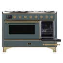 ILVE 48-Inch Majestic II Dual Fuel Range with 8 Sealed Brass Burners and Removable Griddle with 5.62 cu. ft. Oven in in Blue Grey with Brass Trim (UM12FDNS3BGG)