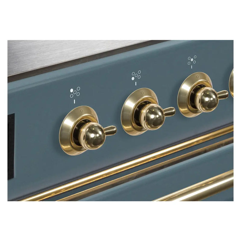 ILVE 48-Inch Majestic II Dual Fuel Range with 8 Sealed Brass Burners and Removable Griddle with 5.62 cu. ft. Oven in in Blue Grey with Brass Trim (UM12FDNS3BGG)