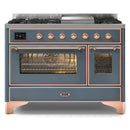 ILVE 48-Inch Majestic II Dual Fuel Range with 8 Sealed Brass Burners and Removable Griddle with 5.62 cu. ft. Oven in Blue Grey with Copper Trim (UM12FDNS3BGP)