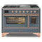 ILVE 48-Inch Majestic II Dual Fuel Range with 8 Sealed Brass Burners and Removable Griddle with 5.62 cu. ft. Oven in Blue Grey with Copper Trim (UM12FDNS3BGP)