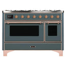 ILVE 48-Inch Majestic II Dual Fuel Range with 8 Sealed Brass Burners and Removable Griddle with 5.62 cu. ft. Oven in Blue Grey with Copper Trim (UM12FDNS3BGP)