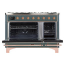 ILVE 48-Inch Majestic II Dual Fuel Range with 8 Sealed Brass Burners and Removable Griddle with 5.62 cu. ft. Oven in Blue Grey with Copper Trim (UM12FDNS3BGP)