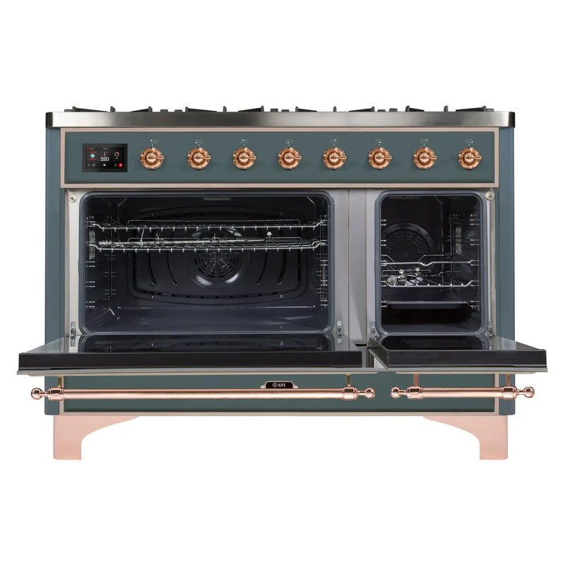 ILVE 48-Inch Majestic II Dual Fuel Range with 8 Sealed Brass Burners and Removable Griddle with 5.62 cu. ft. Oven in Blue Grey with Copper Trim (UM12FDNS3BGP)