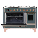 ILVE 48-Inch Majestic II Dual Fuel Range with 8 Sealed Brass Burners and Removable Griddle with 5.62 cu. ft. Oven in Blue Grey with Copper Trim (UM12FDNS3BGP)