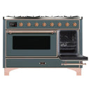 ILVE 48-Inch Majestic II Dual Fuel Range with 8 Sealed Brass Burners and Removable Griddle with 5.62 cu. ft. Oven in Blue Grey with Copper Trim (UM12FDNS3BGP)