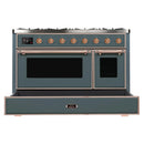 ILVE 48-Inch Majestic II Dual Fuel Range with 8 Sealed Brass Burners and Removable Griddle with 5.62 cu. ft. Oven in Blue Grey with Copper Trim (UM12FDNS3BGP)