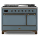 ILVE 48-Inch Majestic II Series Freestanding Dual Fuel Double Oven Range with 8 Sealed Burners and Removable Griddle with Solid Door Oven in Blue Grey with Bronze Trim (UM12FDQNS3BGB)
