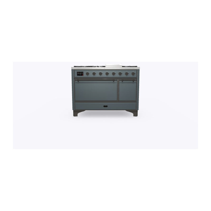 ILVE 48-Inch Majestic II Series Freestanding Dual Fuel Double Oven Range with 8 Sealed Burners and Removable Griddle with Solid Door Oven in Blue Grey with Bronze Trim (UM12FDQNS3BGB)