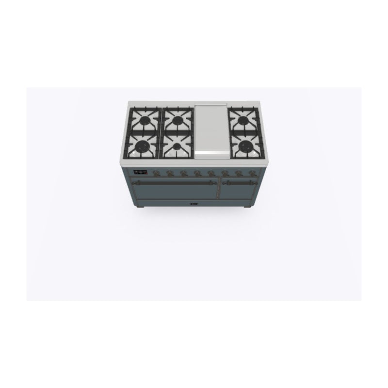 ILVE 48-Inch Majestic II Series Freestanding Dual Fuel Double Oven Range with 8 Sealed Burners and Removable Griddle with Solid Door Oven in Blue Grey with Bronze Trim (UM12FDQNS3BGB)