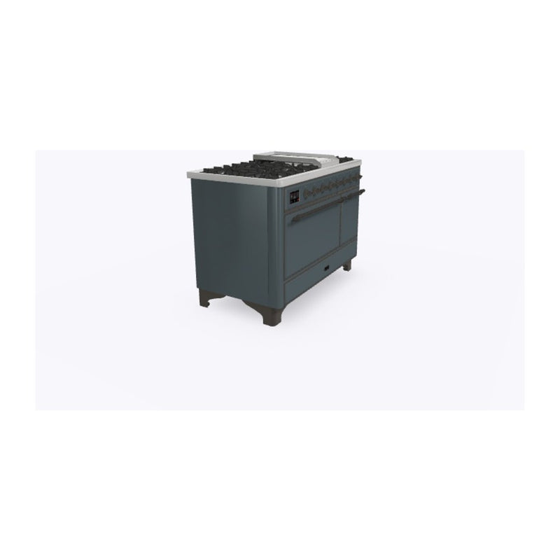ILVE 48-Inch Majestic II Series Freestanding Dual Fuel Double Oven Range with 8 Sealed Burners and Removable Griddle with Solid Door Oven in Blue Grey with Bronze Trim (UM12FDQNS3BGB)