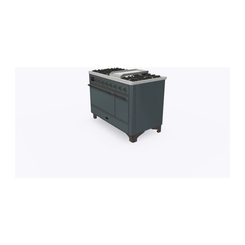 ILVE 48-Inch Majestic II Series Freestanding Dual Fuel Double Oven Range with 8 Sealed Burners and Removable Griddle with Solid Door Oven in Blue Grey with Bronze Trim (UM12FDQNS3BGB)