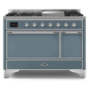 ILVE 48-Inch Majestic II Series Freestanding Dual Fuel Double Oven Range with 8 Sealed Burners and Removable Griddle with Solid Door Oven in Blue Grey with Chrome Trim (UM12FDQNS3BGC)