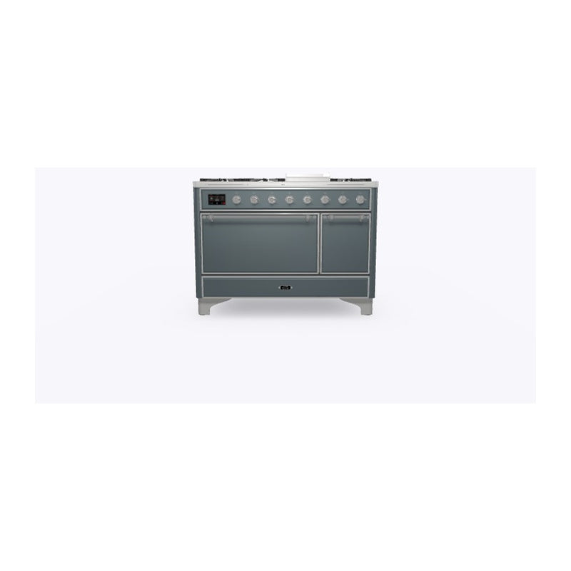 ILVE 48-Inch Majestic II Series Freestanding Dual Fuel Double Oven Range with 8 Sealed Burners and Removable Griddle with Solid Door Oven in Blue Grey with Chrome Trim (UM12FDQNS3BGC)