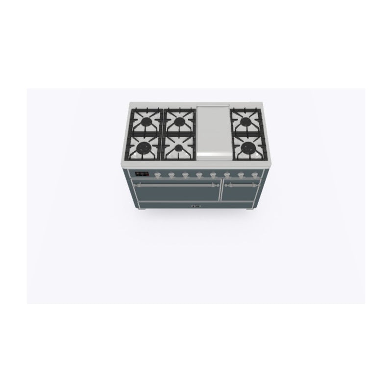 ILVE 48-Inch Majestic II Series Freestanding Dual Fuel Double Oven Range with 8 Sealed Burners and Removable Griddle with Solid Door Oven in Blue Grey with Chrome Trim (UM12FDQNS3BGC)