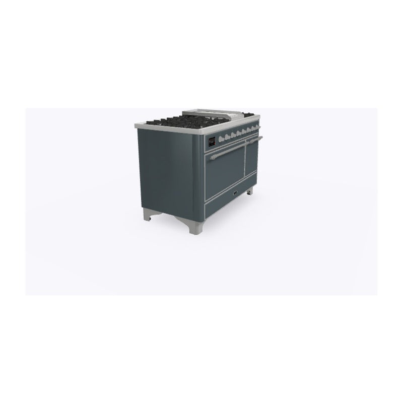 ILVE 48-Inch Majestic II Series Freestanding Dual Fuel Double Oven Range with 8 Sealed Burners and Removable Griddle with Solid Door Oven in Blue Grey with Chrome Trim (UM12FDQNS3BGC)