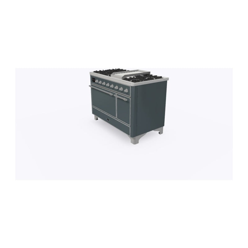 ILVE 48-Inch Majestic II Series Freestanding Dual Fuel Double Oven Range with 8 Sealed Burners and Removable Griddle with Solid Door Oven in Blue Grey with Chrome Trim (UM12FDQNS3BGC)