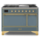 ILVE 48-Inch Majestic II Series Freestanding Dual Fuel Double Oven Range with 8 Sealed Burners and Removable Griddle with Solid Door Oven in Blue Grey with Brass Trim (UM12FDQNS3BGG)