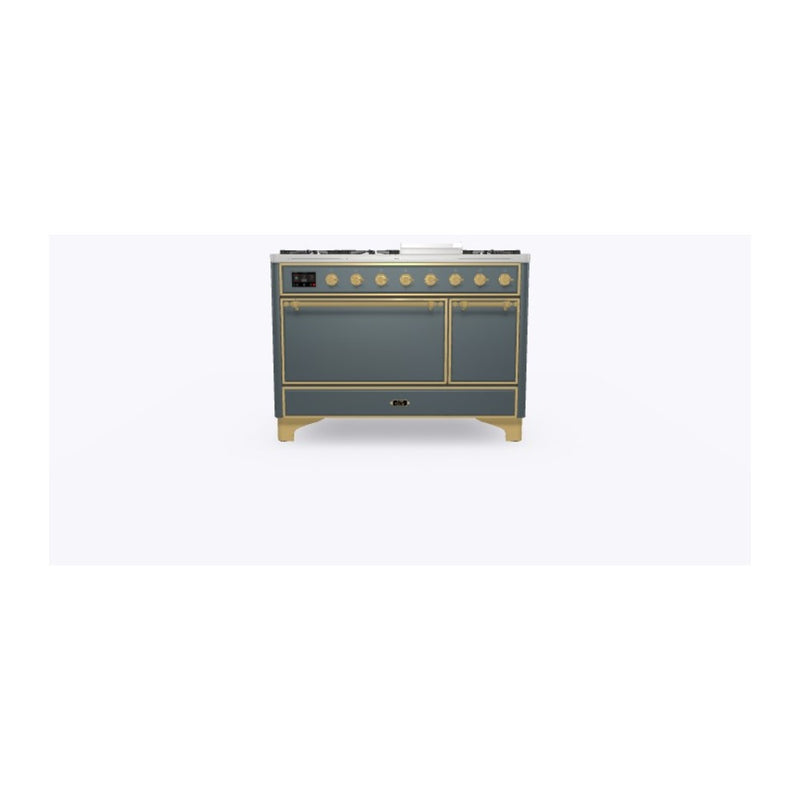 ILVE 48-Inch Majestic II Series Freestanding Dual Fuel Double Oven Range with 8 Sealed Burners and Removable Griddle with Solid Door Oven in Blue Grey with Brass Trim (UM12FDQNS3BGG)