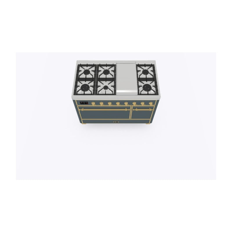 ILVE 48-Inch Majestic II Series Freestanding Dual Fuel Double Oven Range with 8 Sealed Burners and Removable Griddle with Solid Door Oven in Blue Grey with Brass Trim (UM12FDQNS3BGG)