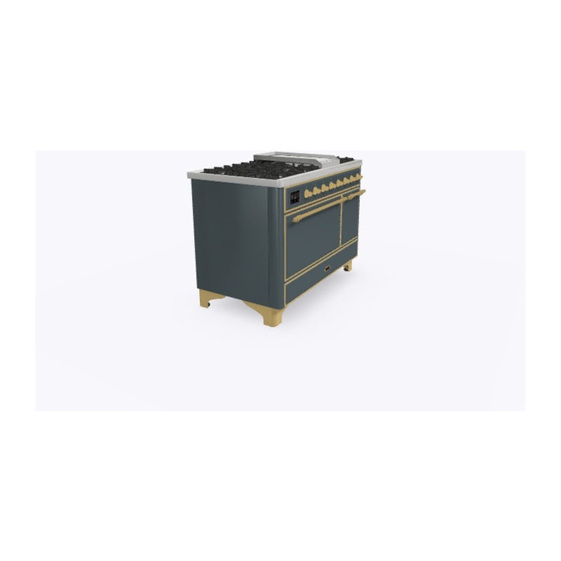 ILVE 48-Inch Majestic II Series Freestanding Dual Fuel Double Oven Range with 8 Sealed Burners and Removable Griddle with Solid Door Oven in Blue Grey with Brass Trim (UM12FDQNS3BGG)