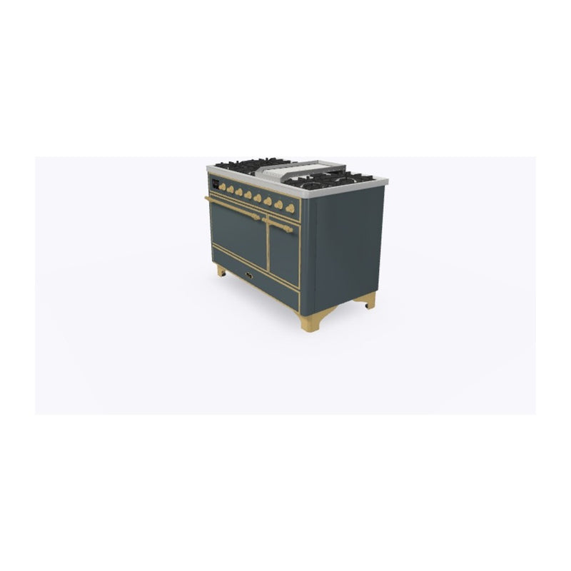 ILVE 48-Inch Majestic II Series Freestanding Dual Fuel Double Oven Range with 8 Sealed Burners and Removable Griddle with Solid Door Oven in Blue Grey with Brass Trim (UM12FDQNS3BGG)
