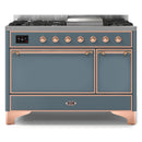 ILVE 48-Inch Majestic II Series Freestanding Dual Fuel Double Solid Door Oven Range with 8 Sealed Burners and Removable Griddle in Blue Grey with Copper Trim (UM12FDQNS3BGP)