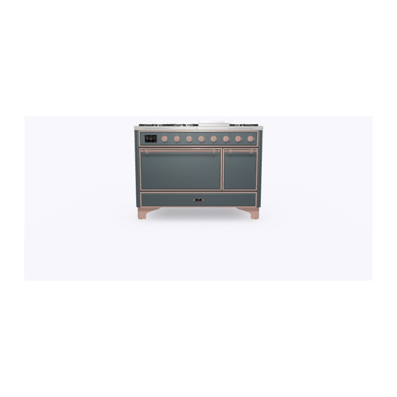 ILVE 48-Inch Majestic II Series Freestanding Dual Fuel Double Solid Door Oven Range with 8 Sealed Burners and Removable Griddle in Blue Grey with Copper Trim (UM12FDQNS3BGP)