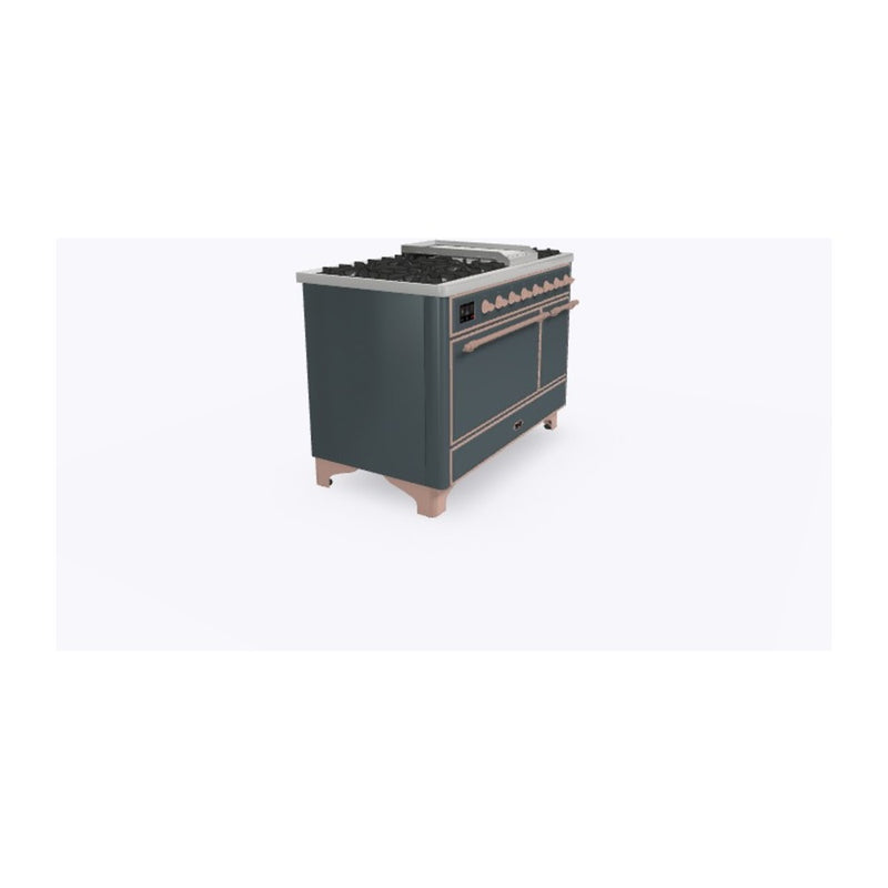 ILVE 48-Inch Majestic II Series Freestanding Dual Fuel Double Solid Door Oven Range with 8 Sealed Burners and Removable Griddle in Blue Grey with Copper Trim (UM12FDQNS3BGP)