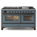 ILVE 60-Inch Majestic II Dual Fuel Range with 9 Sealed Burners and Removable Griddle in Blue Grey with Bronze Trim (UM15FDNS3BGB)