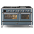 ILVE 60-Inch Majestic II Dual Fuel Range with 9 Sealed Burners and Removable Griddle in Blue Grey with Chrome Trim (UM15FDNS3BGC)