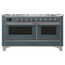 ILVE 60-Inch Majestic II Dual Fuel Range with 9 Sealed Burners and Removable Griddle in Blue Grey with Chrome Trim (UM15FDNS3BGC)