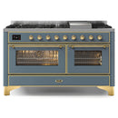 ILVE 60-Inch Majestic II Dual Fuel Range with 9 Sealed Burners and Removable Griddle in Blue Grey with Brass Trim (UM15FDNS3BGG)