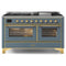 ILVE 60-Inch Majestic II Dual Fuel Range with 9 Sealed Burners and Removable Griddle in Blue Grey with Brass Trim (UM15FDNS3BGG)
