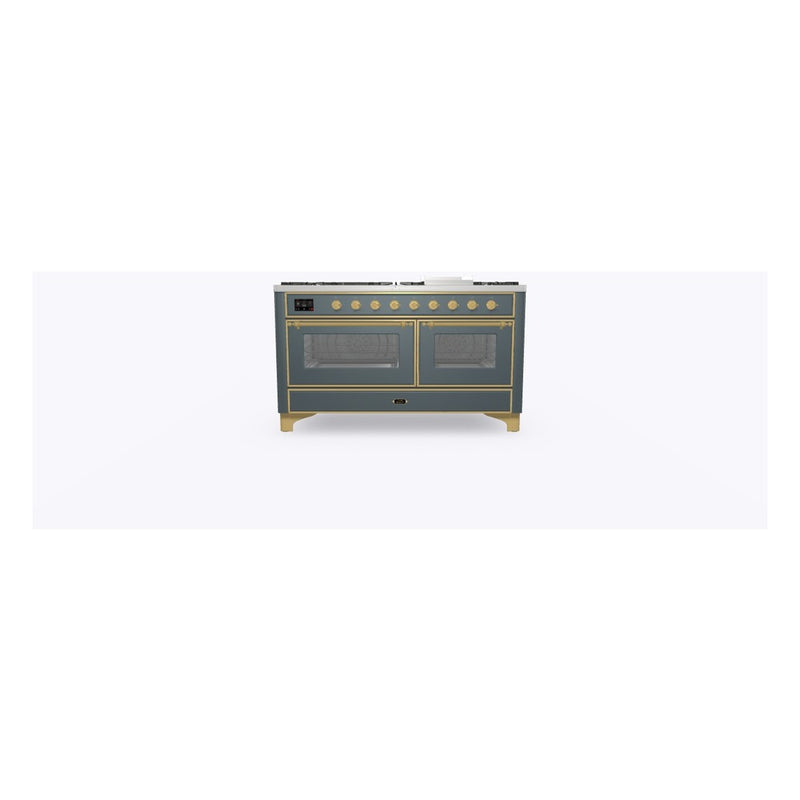 ILVE 60-Inch Majestic II Dual Fuel Range with 9 Sealed Burners and Removable Griddle in Blue Grey with Brass Trim (UM15FDNS3BGG)