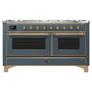 ILVE 60-Inch Majestic II Dual Fuel Range with 9 Sealed Burners and Removable Griddle in Blue Grey with Brass Trim (UM15FDNS3BGG)