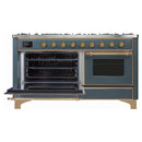 ILVE 60-Inch Majestic II Dual Fuel Range with 9 Sealed Burners and Removable Griddle in Blue Grey with Brass Trim (UM15FDNS3BGG)