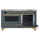 ILVE 60-Inch Majestic II Dual Fuel Range with 9 Sealed Burners and Removable Griddle in Blue Grey with Brass Trim (UM15FDNS3BGG)