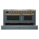 ILVE 60-Inch Majestic II Dual Fuel Range with 9 Sealed Burners and Removable Griddle in Blue Grey with Brass Trim (UM15FDNS3BGG)