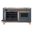 ILVE 60-Inch Majestic II Dual Fuel Range with 9 Sealed Burners and Removable Griddle in Blue Grey with Copper Trim (UM15FDNS3BGP)