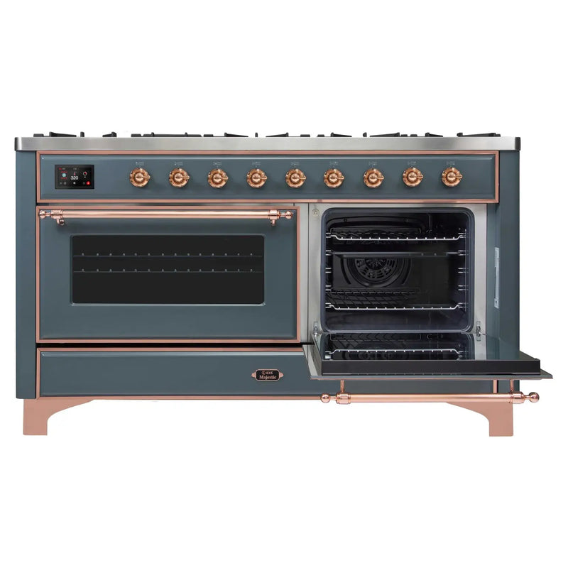 ILVE 60-Inch Majestic II Dual Fuel Range with 9 Sealed Burners and Removable Griddle in Blue Grey with Copper Trim (UM15FDNS3BGP)