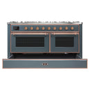 ILVE 60-Inch Majestic II Dual Fuel Range with 9 Sealed Burners and Removable Griddle in Blue Grey with Copper Trim (UM15FDNS3BGP)