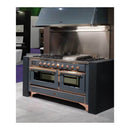ILVE 60-Inch Majestic II Dual Fuel Range with 9 Sealed Burners and Removable Griddle in Blue Grey with Copper Trim (UM15FDNS3BGP)