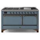 ILVE 60-Inch Majestic II Dual Fuel Range with 9 Sealed Burners and Removable Griddle with Solid Door Oven in Blue Grey with Bronze Trim (UM15FDQNS3BGB)