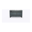ILVE 60-Inch Majestic II Dual Fuel Range with 9 Sealed Burners and Removable Griddle with Solid Door Oven in Blue Grey with Bronze Trim (UM15FDQNS3BGB)