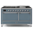 ILVE 60-Inch Majestic II Dual Fuel Range with 9 Sealed Burners and Removable Griddle  with Solid Door Oven in Blue Grey with Chrome Trim (UM15FDQNS3BGC)